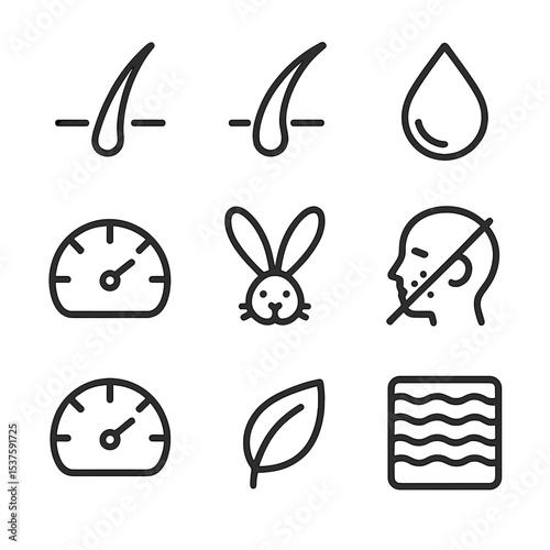 Bristle Type Icon Set. Outline icon set of synthetic vs natural bristles: synthetic bristle strand, natural hair strand, dye