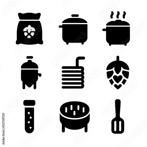 Brewing Process Icons. Solid, Filled icon set of brewing process: malt bag, mash tun, boil kettle, fermentation tank, wort chiller