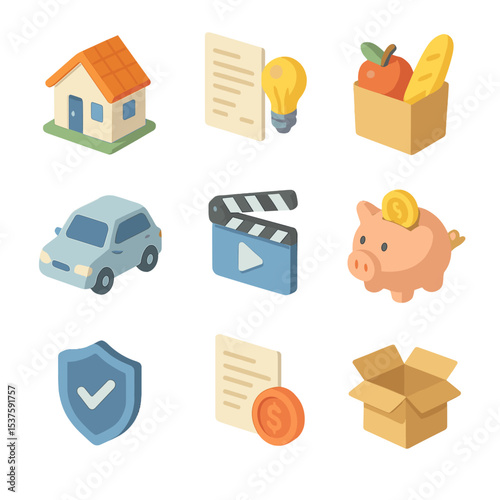Budget Categories Icons. Isometric Flat icon set of budget categories: housing, utilities, groceries, transportation,