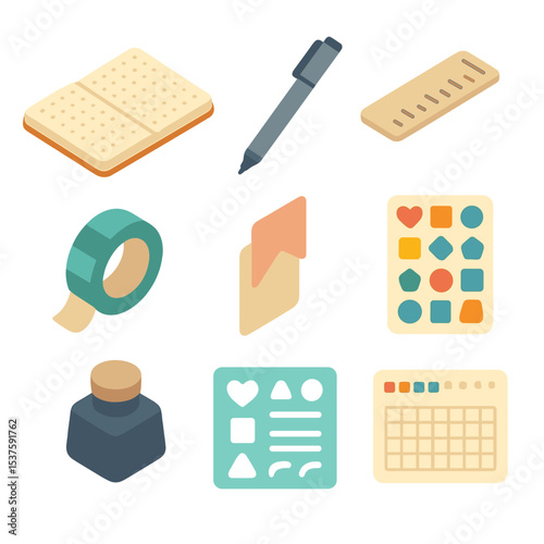 Bullet Journaling Essentials. Isometric Flat icon set of bullet journaling essentials: dotted notebook, fineliner pen, ruler,