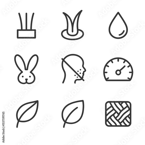 Bristle Type Icon Set. Outline icon set of synthetic vs natural bristles: synthetic bristle strand, natural hair strand, dye