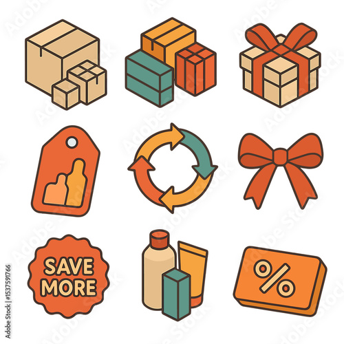 Bundle Deals Icon Set. Isometric Flat icon set of bundle deals: bundle box package, combo pack set, gift set ribbon, multi-buy tag