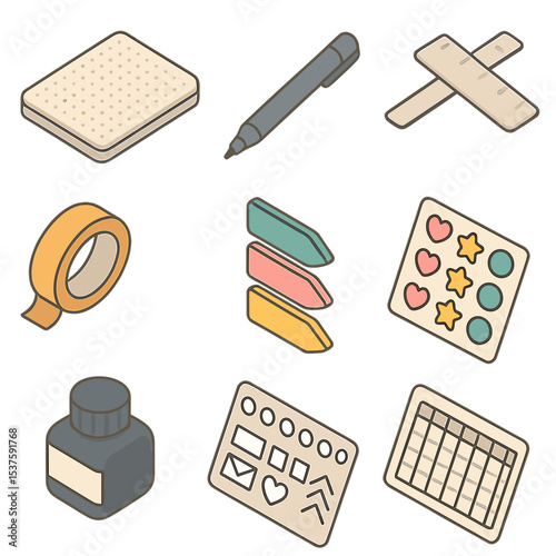 Bullet Journaling Essentials. Isometric Flat icon set of bullet journaling essentials: dotted notebook, fineliner pen, ruler,