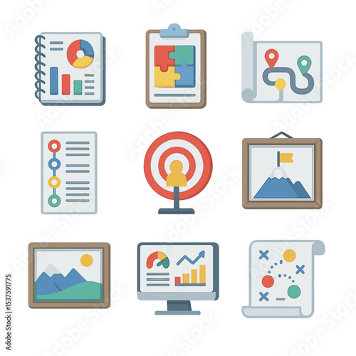 Business Planning Icons. Isometric Flat icon set of business planning: business plan, SWOT analysis, roadmap, timeline, target