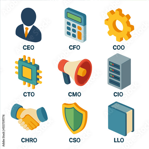 C-Suite Icons Grid. Isometric Flat icon set of C-suite role symbols: CEO silhouette, CFO calculator, COO gear, CTO microchip, CMO