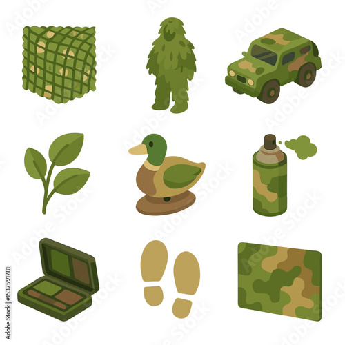 Camouflage Icon Set. Isometric Flat icon set of camouflage and concealment: camo netting, ghillie suit, camouflaged vehicle,