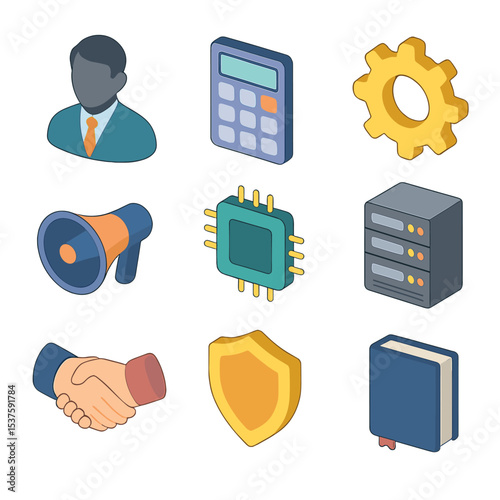 C-Suite Icons Grid. Isometric Flat icon set of C-suite role symbols: CEO silhouette, CFO calculator, COO gear, CTO microchip, CMO