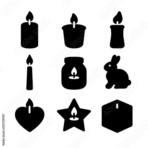 Candle Icons Grid. Solid, Filled icon set of basic candle shapes: pillar, votive, tea light, taper, jar candle, molded animal,