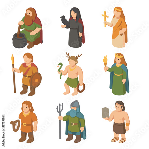 Celtic Deity Icons. Isometric Flat icon set of Celtic gods and goddesses: Dagda, Morrigan, Brigid, Lugh, Cernunnos, Aengus, Danu,