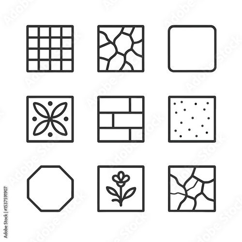 Ceramic Tile Icon Set. Outline icon set of ceramic and tile finishes: glazed mosaic, terracotta crackle, porcelain smooth,