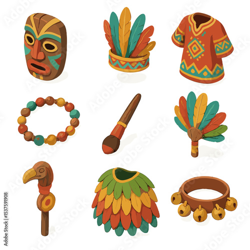 Ceremonial Costume Icon Set. Isometric Flat icon set of ceremonial costume details: tribal mask, ceremonial headdress, embroidered