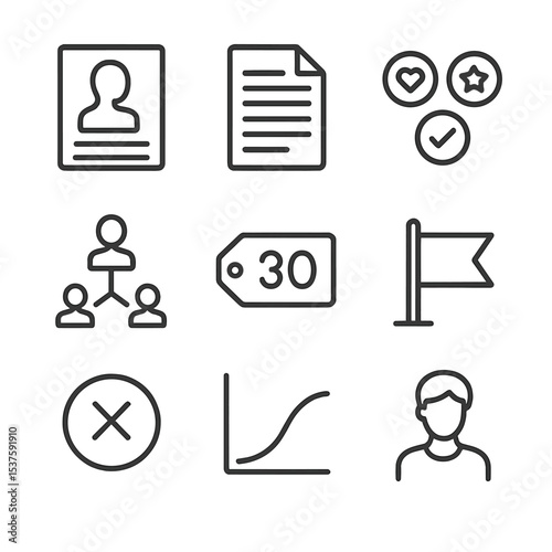 Character Development Icons. Outline icon set of character development notes: profile sheet, backstory document, trait icons,