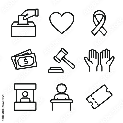 Charity Icon Set. Outline icon set of charity fundraisers: donation box, heart symbol, helping hand, charity ribbon, money stack,