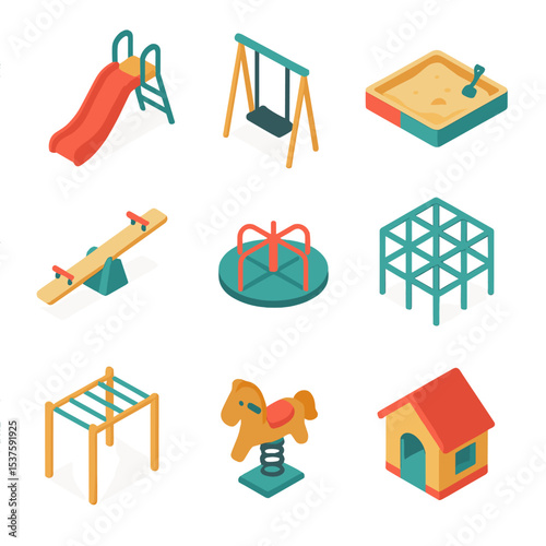 Children's Playground Icons. Isometric Flat icon set of children’s playground gear: slide, swing, sandbox, seesaw, merry-go-round,