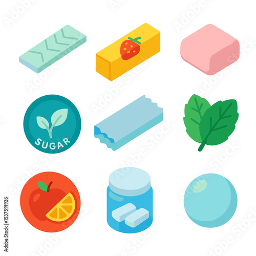 Chewing Gum Icons. Isometric Flat icon set of chewing gum varieties: peppermint gum stick, fruit-flavored gum pack, bubble gum