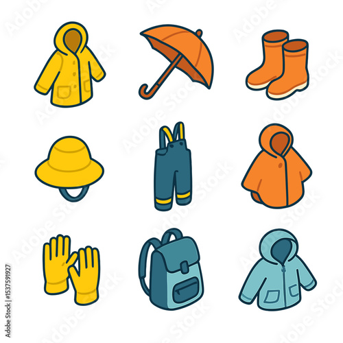 Children's Rainwear Icons. Isometric Flat icon set of children’s rainwear: raincoat, umbrella, rubber boots, rain hat, rain pants,