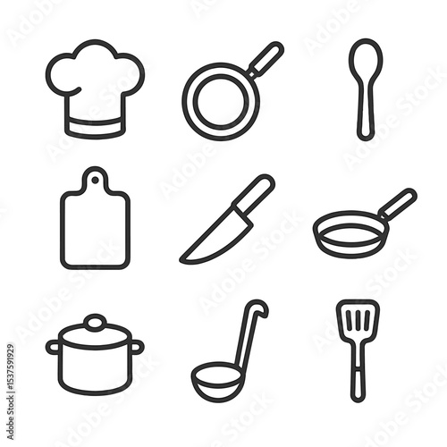 Chef's Special Icons. Outline icon set of chef’s specials menu: chef hat, frying pan, wooden spoon, chopping board, chef knife,