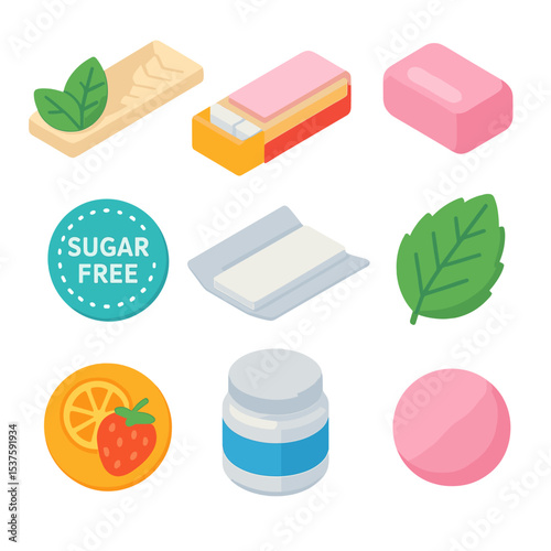 Chewing Gum Icons. Isometric Flat icon set of chewing gum varieties: peppermint gum stick, fruit-flavored gum pack, bubble gum