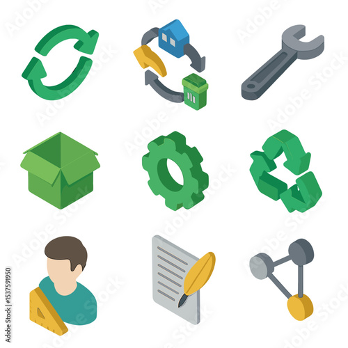 Circular Economy Icons. Isometric Flat icon set of circular economy frameworks: circular arrows, product lifecycle diagram, repair