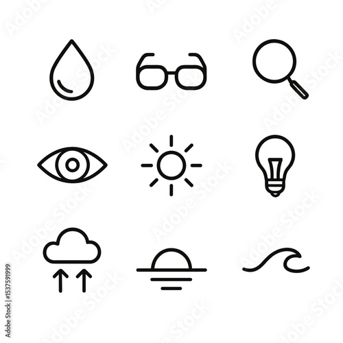 Clarity Icon Set. Outline icon set of moment of clarity: water droplet, glasses, lens, open eye, sun rays, bulb, lifting cloud,
