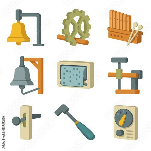 Clock Tower Mechanisms Icons. Isometric Flat icon set of clock tower chiming mechanisms: hourly chime hammer, quarter chime gear,