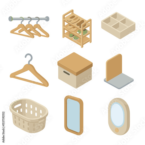 Isometric Closet Icons. Isometric Flat icon set of home closet storage system: hanging rod, shoe rack, drawer organizer, coat