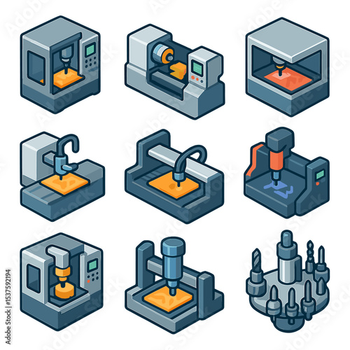 Isometric CNC Equipment Icons. Isometric Flat icon set of CNC machining equipment: CNC mill, CNC lathe, laser cutter, waterjet