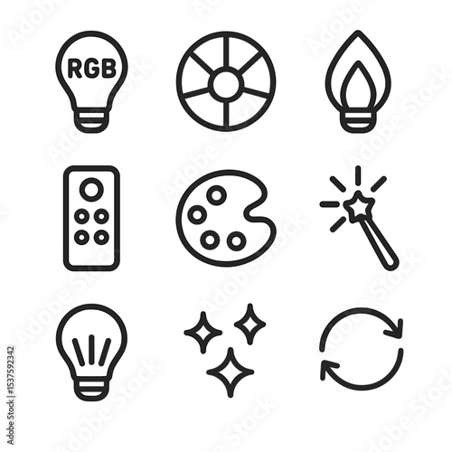 Color-Changing Bulb Icons. Outline icon set of color-changing bulbs: RGB bulb, color wheel, gradient flame, remote, paint palette,