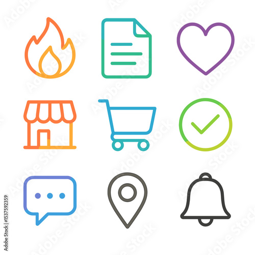 Color Gradient Icons. Outline icon set of color gradients: red-to-yellow fade, blue-to-green blend, purple-to-pink shift,