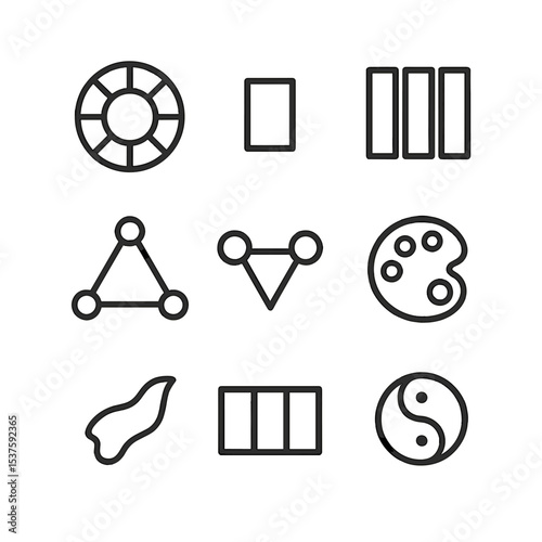 Color Harmony Icons. Outline icon set of color harmony composition: color wheel, complementary swatches, analogous panels, triadic