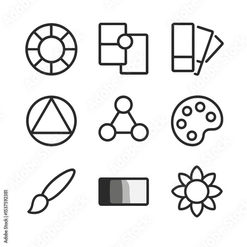 Color Harmony Icons. Outline icon set of color harmony composition: color wheel, complementary swatches, analogous panels, triadic