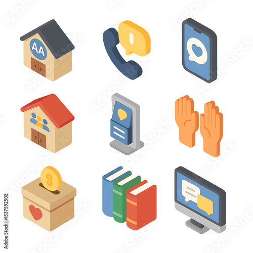 Community Support Icons. Isometric Flat icon set of community support resources: AA meeting house, hotline phone, support app logo