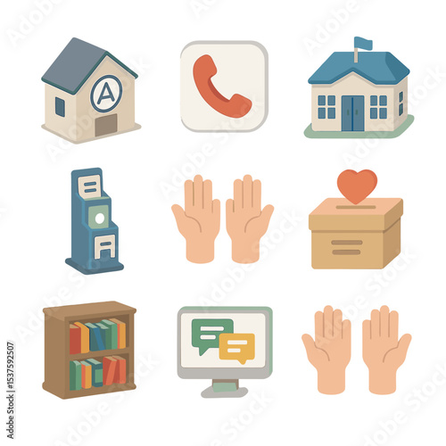 Community Support Icons. Isometric Flat icon set of community support resources: AA meeting house, hotline phone, support app logo
