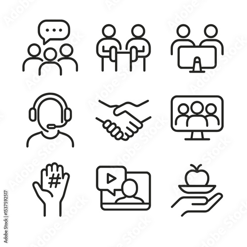 Community Support Icons. Outline icon set of community support: group chat, workout buddy, online forum, coach headset, support