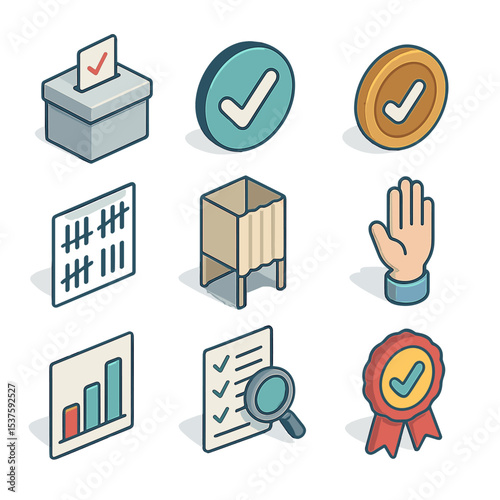 Community Voting Icons. Isometric Flat icon set of community voting systems: ballot box, check mark, voting token, tally chart,