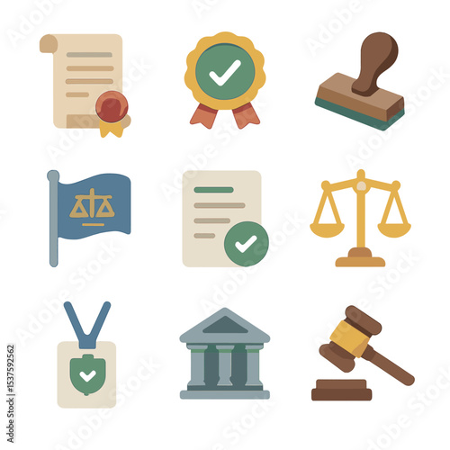 Compliance Icon Set. Isometric Flat icon set of legal and regulatory compliance: treaty scroll, compliance seal, approval stamp,