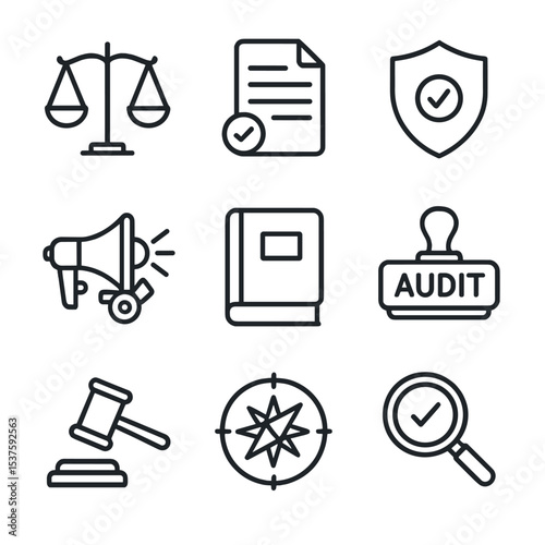 Compliance Icon Set. Outline icon set of compliance and ethics oversight: balance scales, policy document, compliance shield,