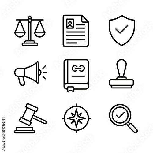 Compliance Icon Set. Outline icon set of compliance and ethics oversight: balance scales, policy document, compliance shield,