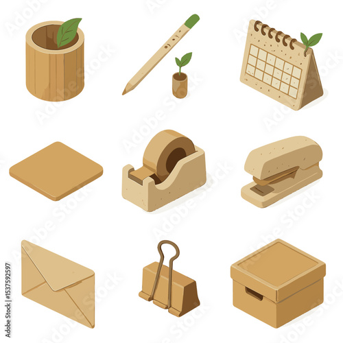 Compostable Office Icon Set. Isometric Flat icon set of compostable office supplies: bamboo pen holder, plantable pencil,