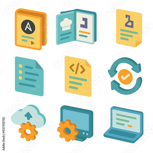 Configuration Icons Grid. Isometric Flat icon set of configuration management systems: Ansible playbook, Chef cookbook, Puppet