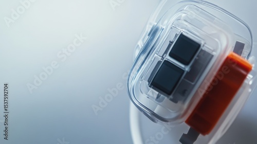 A detailed close-up of an insulin pump attached to a patient against a neutral background, macro shot, Minimalist style
