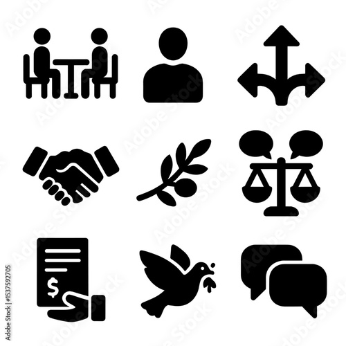 Conflict Resolution Icons. Solid, Filled icon set of conflict resolution and mediation: peace table, mediator figure, split arrow,