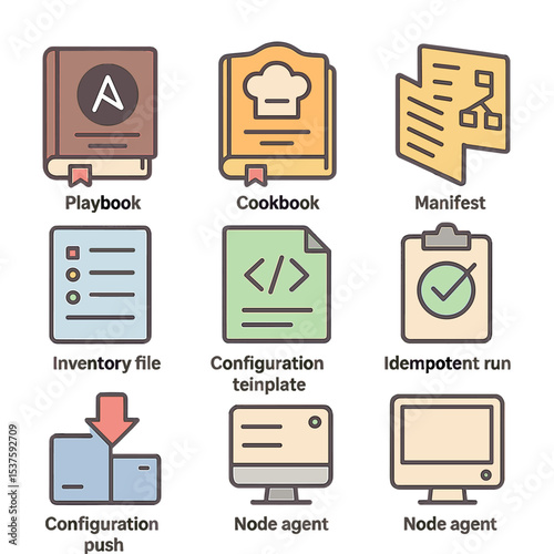 Configuration Icons Grid. Isometric Flat icon set of configuration management systems: Ansible playbook, Chef cookbook, Puppet