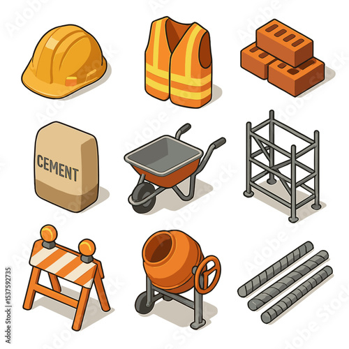 Construction Site Icons. Isometric Flat icon set of construction site essentials: hard hat, safety vest, bricks, cement bag,