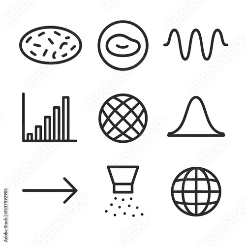 Cosmic Icons Grid. Outline icon set of cosmic microwave background fluctuations: anisotropy map, temperature spot, multipole wave,