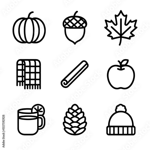 Cozy Autumn Icons. Outline icon set of cozy autumn harvest: pumpkin, acorn, maple leaf, plaid scarf, cinnamon stick, apple, mug of
