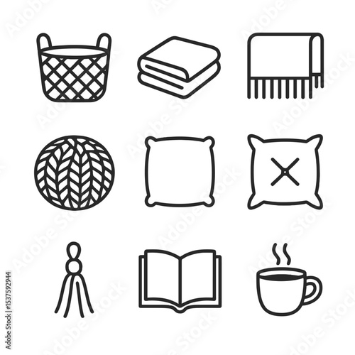 Cozy Essentials Icons. Outline icon set of cozy blanket and pillows: basket, folded blanket, textured throw, knit pouf, floor