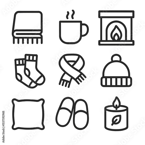 Cozy Hug Icons. Outline icon set of cozy hug accessories: warm blanket, hot cocoa mug, fireplace, wool socks, scarf, beanie, throw