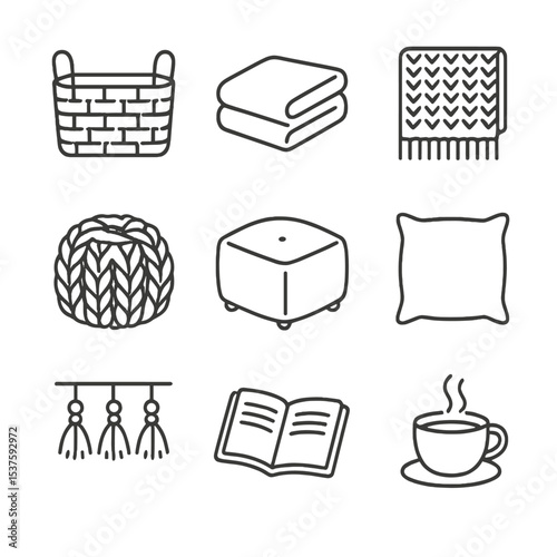 Cozy Essentials Icons. Outline icon set of cozy blanket and pillows: basket, folded blanket, textured throw, knit pouf, floor