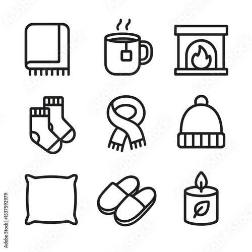 Cozy Hug Icons. Outline icon set of cozy hug accessories: warm blanket, hot cocoa mug, fireplace, wool socks, scarf, beanie, throw